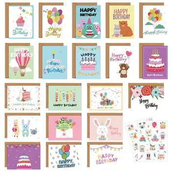20-Pack Birthday Greeting Cards Set with Envelopes and Stickers,Cartoon Pattern, Multi-Design Paper Cards for Any Recipient one set