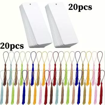 20 пустых закладок с 20 кисточками, закладки из акварельной бумаги плотностью 400 г/м2, настраиваемые рисунки, нарисованные вручную - идеально подходят для проектов своими руками 20 Bookmarks+ 20 Tassel белый