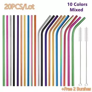 20 шт. 10 цветов смешанных многоразовых металлических соломинок, прямых, изогнутых, из нержавеющей стали 304, набор соломинок для питья с 2 щетками, барный аксессуар