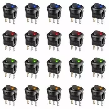 20 шт. 3-контактный 12 В 20 А ампер автомобильный грузовик рокер круглый тумблер светодиодный переключатель вкл-выкл управление, синий, зеленый, желтый, красный