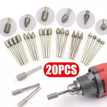 20 шт. Алмазные шлифовальные головки Мини-насадки для вращающегося сверлильного инструмента Борфрезы Шлифовальные принадлежности Хвостовик 3 мм Набор инструментов Абразивный инструмент