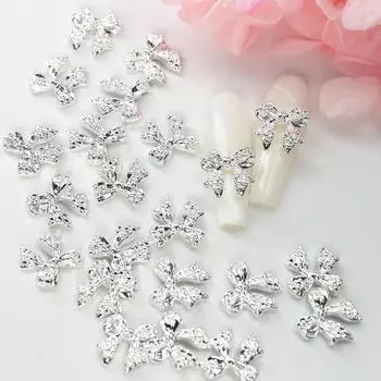 20 шт. блестящие серебристые металлические ленточные банты 3D подвески для ногтей стильные роскошные аксессуары для дизайна ногтей для самостоятельного маникюра принадлежности детали