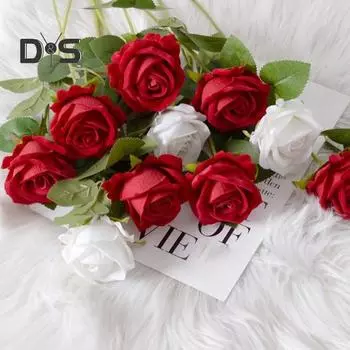 20 шт. искусственная бархатная роза с зелеными листьями стебля реалистичные многоразовые искусственные цветочные растения цветы украшения дома свадьба день святого валентина красный