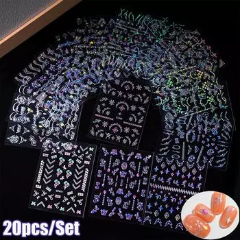 20 шт./компл. 3D лазерные серебряные наклейки для ногтей со стразами, драгоценными камнями, звездами, ювелирные наклейки, голографический дизайн, маникюрный слайдер, сделай сам, аксессуары для ногтей