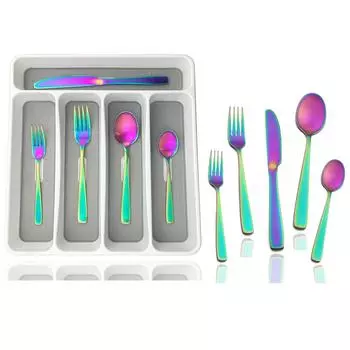 20 шт. красочный набор столовых приборов, набор посуды, черная вилка, нож, ложка, домашний набор посуды из нержавеющей стали с пластиковым лотком для хранения серебряный