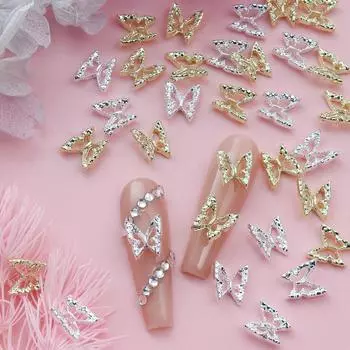 20 шт. роскошных золотисто-серебристых полых бабочек для ногтей с металлическими стразами Decoracion DIY Nail Art Supplies Korean Parts