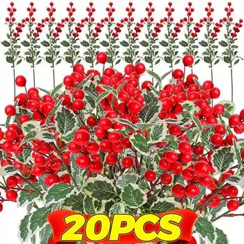 20 шт. рождественские красные ягоды искусственные цветы листья падуба ветка рождественская елка декор подарочная упаковка для дома венок своими руками украшения Without leaves-1pcs