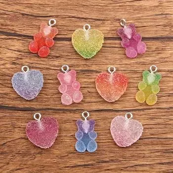 20 шт. смешанного размера, разноцветные подвески в виде сердечек медведя, смоляные кабошоны, блестящее клейкое ожерелье в виде конфет, брелок, кулон, аксессуары для самостоятельного изготовления Heart