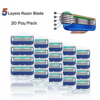 20 шт. / Упаковка для бритв, совместимых с Fusione 5 слоев нержавеющей стали, сменное лезвие для бритвы 20pcs BIue