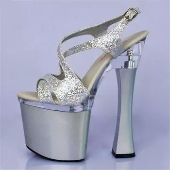 20 см Hate Sky High Heels Высокие каблуки, лакированная кожа Толстый каблук Водонепроницаемые стол блестящие сандалии 34 чёрный