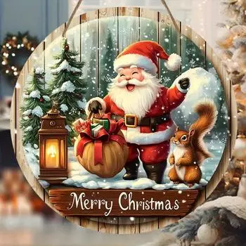20 см рождественский Санта-Клаус белка снежинка снежный падуб теплый зимний рождественский деревянный венок для крыльца плоский подвесной принт знак живопись разноцветный