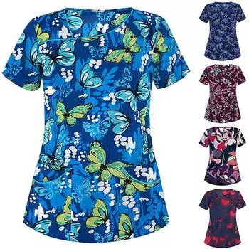 20 стилей, повседневная дышащая рабочая униформа медсестры, блузка с короткими рукавами, футболка с v-образным вырезом L