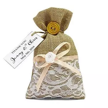 20 сумок для свадебных подарков, маленькие мешковины в деревенском стиле, кружевные сумки с персонализированными бирками, подарочные сумки для вечеринок на шнурке 4 x6.5 персиковый