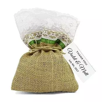 20 свадебных мешочков из мешковины, деревенское кружево с персонализированными бирками, маленькие мешочки из мешковины, подарочные мешочки для вечеринок, затягивающиеся на шнурок, 4 x6.5 зелёный