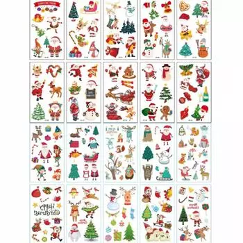 20 types of Christmas tattoo stickers Santa Snowman Rudolph Snowflake Tree Sleigh Gift Party Year-end and New Year, 1, C type 10 types