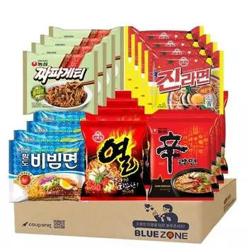 20 упаковок Blue Zone с 5 видами рамена (4 Шин Рамюн + 4 Джин Рамюн Спайси + 4 Чапагетти + 4 Рамен Палдо Бибим + 4 Рамен Ёль)