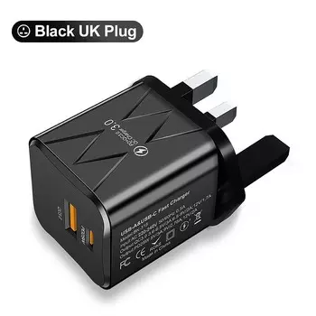 20 Вт 3.0 USB быстрое зарядное устройство для телефона тип C адаптер быстрой зарядки для iPhone 15 14 13 Samsung Xiaomi PD 2 порта британская вилка UK Black