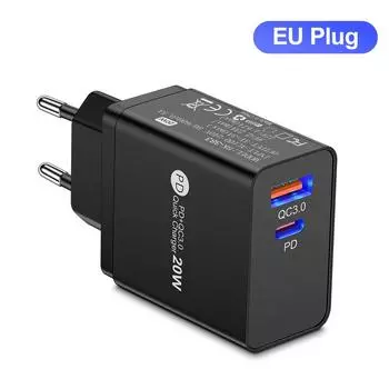 20 Вт USB C зарядное устройство быстрая зарядка портативный быстрозарядный Type C телефон зарядное устройство адаптер для iPhone 14 15 Pro Max Samsung Xiaomi QC3.0 Black EU
