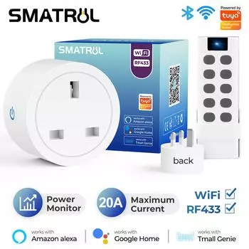 20a Tuya Wi-Fi Rf433 UK умная розетка адаптер адаптер питания монитор беспроводной пульт дистанционного управления голосовой таймер для Google Home Alexa W-Plug1-1