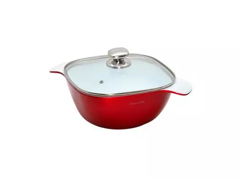 20cm Square Induction Ceramic Shiny with Ceramic 5mm Thick Bottom D&S Casserole, Compatible, Coating, Red, Lid, Non-Stick Dual-Layer Coating,