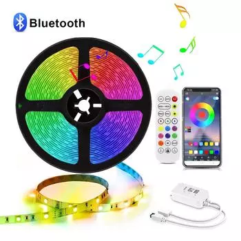 Светодиодные ленты Bluetooth для комнаты, спальни, вечеринки, сказочный свет, гирлянда DC12V 5050 SMD RGB, гибкая лента, подсветка телевизора, домашний декор, адаптер ЕС или США 5M-EU Plug