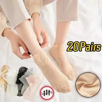 20Pairs Lolita Lace Invisible Women Socks Summer Thin Section Hollow Mesh Lace Flower Cotton Bottom Comfortable Breathable Sock