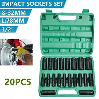 20Pcs 8-32mm Electric Wrench Set 1/2 Drive 6 Point Deep Impact Socket Set High Carbon Steel Hexagonal Pneumatic Socket