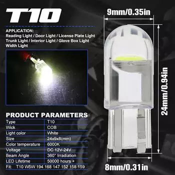 20Pcs Car Light BulbsT10 LED COB 6000K W5W White Interior Light Dome Lamp Auto Turn Signals Lamps Kit CHINA