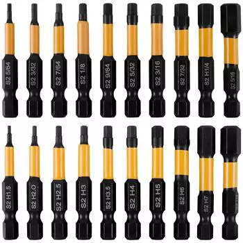 20pcs Impact Hex Head Allen Wrench Drill Bit Set Metric and SAE 1/4 Hex-Shank S2 Steel Hex Bits Set CNC Machined Tips Magnetism