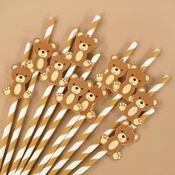 20Pcs Teddy Bear Paper Straws Cute Brown Pink Bear Disposable Drinking Straw Kids Birthday Baby Shower Party Decoration Supplies