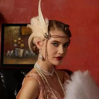 20S Ретро Желтый Перо Бахрома Головная Повязка Маскарад Вечеринка Темперамент Женская Ювелирная Упаковка Партия