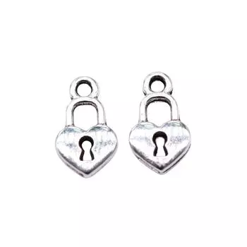 20шт. Подвески с замком в виде сердца, подвески, античное серебро, цвет цинкового сплава, 11х6 мм.
