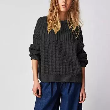 20Женский осенне-зимний однотонный свободный свитер с круглым вырезом S чёрный