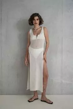 2101 - Трикотажное платье цвета экрю Bohemai Havanna с разрезом по бокам