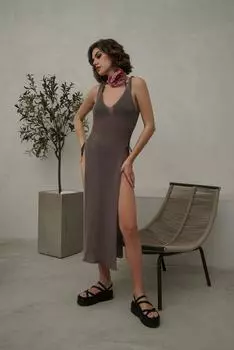 2102 - Серо-серое трикотажное платье с боковым разрезом Bohemai Havanna