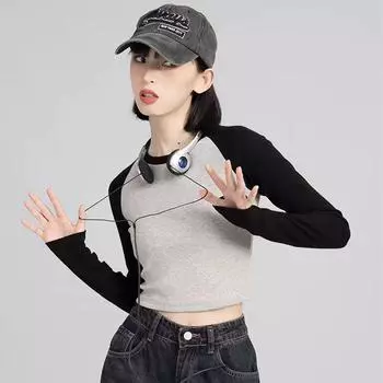 210gsm Новая женская хлопковая блузка женская нижняя рубашка топы Kawaii футболка с длинными рукавами эластичные рубашки короткий тонкий рукав реглан S