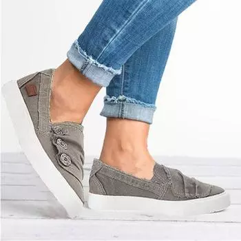 212019 Washed Denim Canvas Shoes Women Bottom Couple Vulcanized Shoes Summer Flats Female Pleated Metal Buckle Single Shoes 880 7 серый