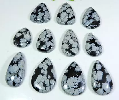 213Cts. NATURAL SNOW FLAKE OBSIDIAN PEAR CABOCHON LOOSE GEMSTONE 11 PCS LOT RQ-457