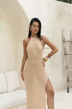 2145 - Платье из тонкого трикотажа с декольте карамельного цвета Bohemai Nessi