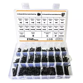 2165 шт. набор винтов с внутренним шестигранником, цилиндрической/полукруглой головкой, гаек, плоских и пружинных шайб M3, коробка винтов с внутренним шестигранником 2165pcs