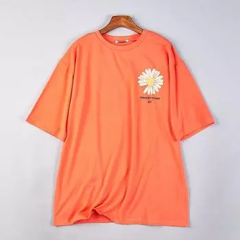 216 Summer New Arrival Loose Cotton Print Short Sleeve T-shirt Men and Women Couple H78546 K-style Mid Length Long Length Tops 2 Orange Red J