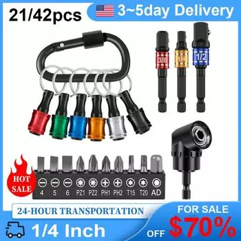 21/42Pcs 1/4 Inch Hex Shank Screwdriver Bit Holder Zinc Alloy Bit Rod Key Chain Adapter Drill Bit Quick Replacement Portable Han 1-4 Inch
