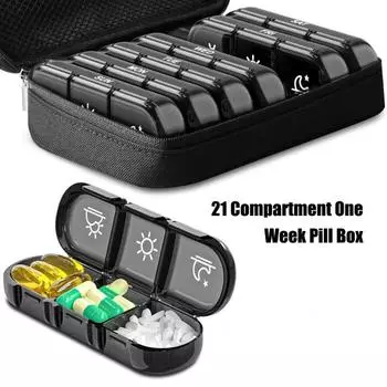 21-compartment Pill Box Independent Division Blackout-design Capsules Storage Vitamin Holder Pill Organizer for Business Trip чёрный