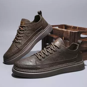 21 Four Seasons Men s Microfiber Leather Casual Shoes Trendy Low-Top Lace-Up Small Leather Shoes Retro Men s Shoes 39 чёрный