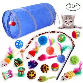 21 шт., игрушки для кошек с туннелем, интерактивная игрушка для снятия стресса, дразнилка для кошачьих перьев
