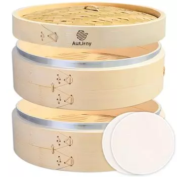 21 см бамбуковый пароварка 2 яруса пароварка китайская пароварка усиленная с кольцом из нержавеющей стали включает 2 листа для пароварки из хлопка натуральное дерево натуральный