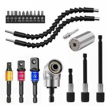 21PCS Flexible Drill Bit Extension Set with 105° Angle Drill Bit Extension & 1/2 3/8 1/4 inch Universal Socket Adapter & Drill Bit Holder разноцветный