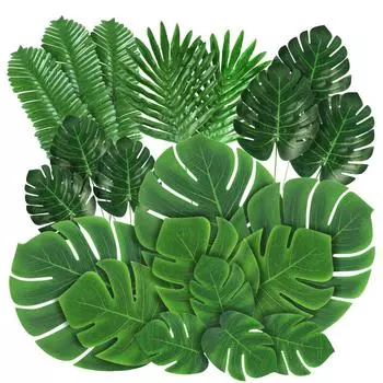 21Pcs Tropical Palm Leaves Summer Monstera Artificial Silk Turtle Leaves For Home Hawaiian Luau Beach Wedding Party Decorations 21pcs