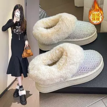 22024 winter new foreign trade large size women s thick-soled thickened plush snow boots sequined warm shoes 35 белый