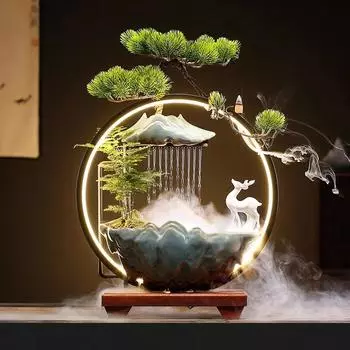 220-240 В 35 см Фонтан удачи олень удачи Китайская светодиодная лампа Керамическая курильница с обратным потоком Фэн-шуй Каменная горка Домашний декор Орнамент